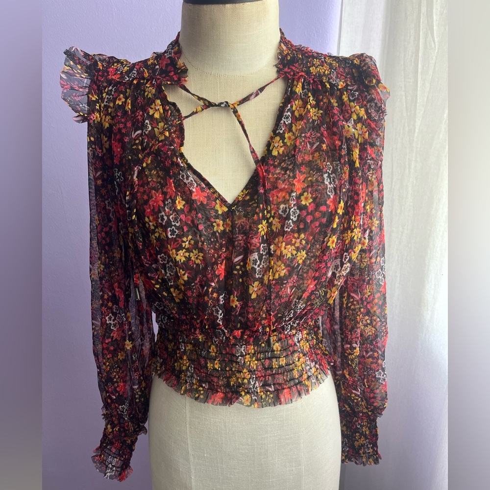 FREE PEOPLE 
Twyla Smocked Floral Mesh Top - Picture 2 of 14